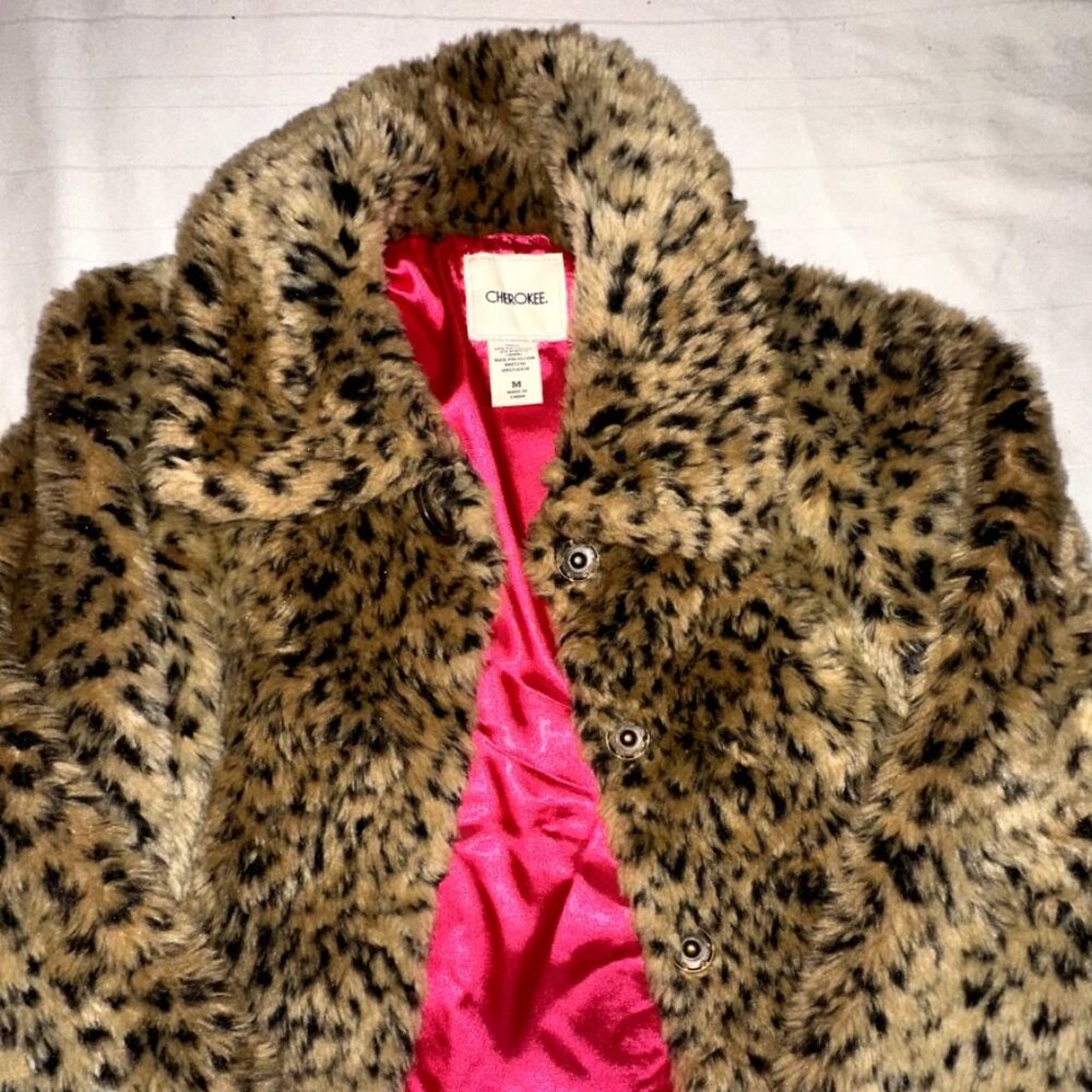 Cherokee Faux Fur Jacket Tan & Black | Hot Pink Lining | Size M |